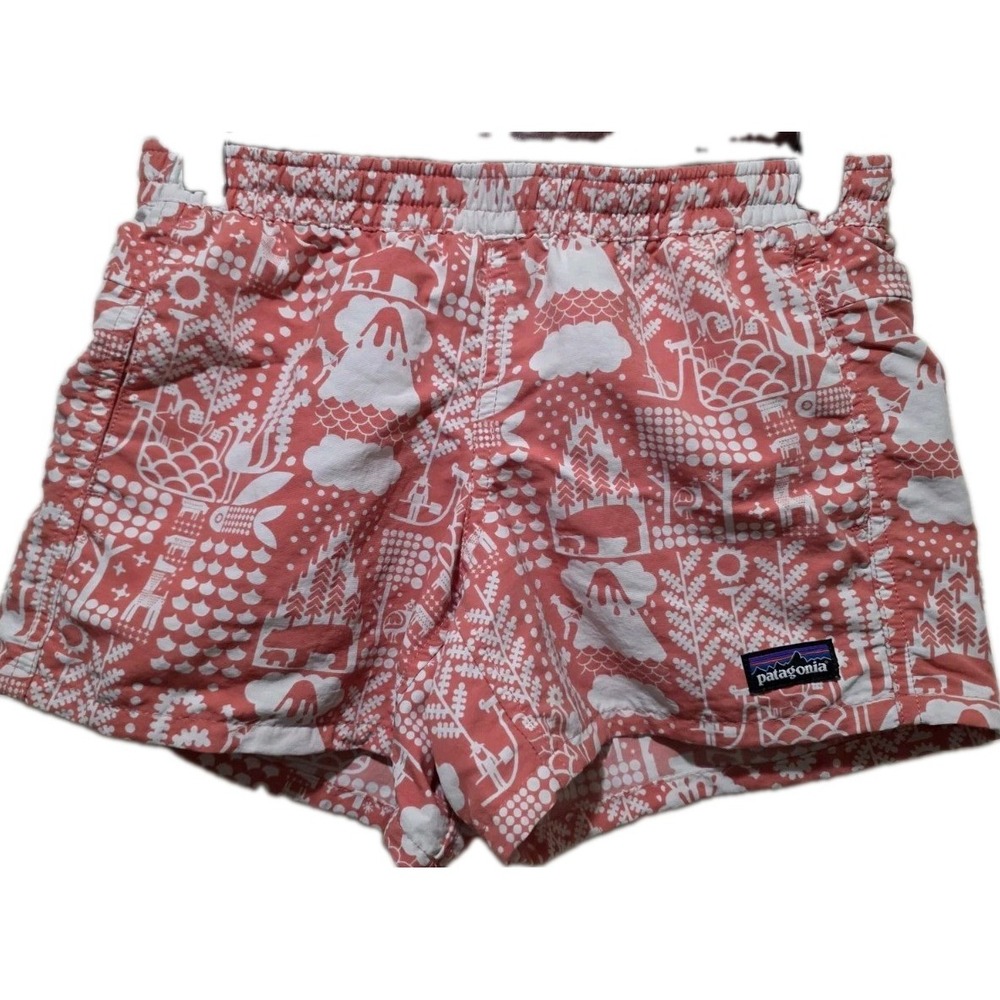 Patagonia Girls Medium Baggies Nylon Pull On Shorts Coral White Nature Print